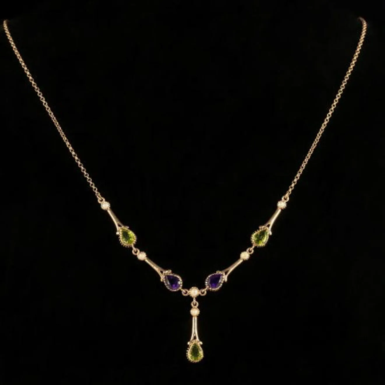 Suffragette Necklace Peridot Amethyst Pearl 9Ct Yellow Gold