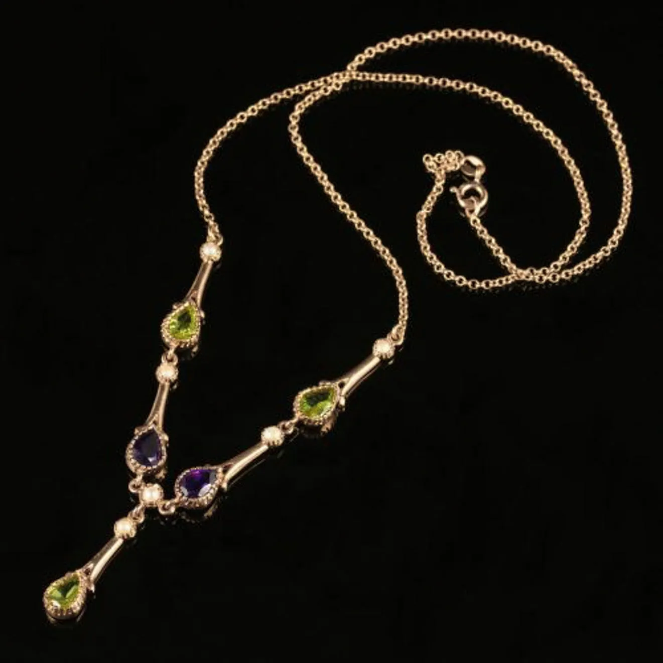Suffragette Necklace Peridot Amethyst Pearl 9Ct Yellow Gold