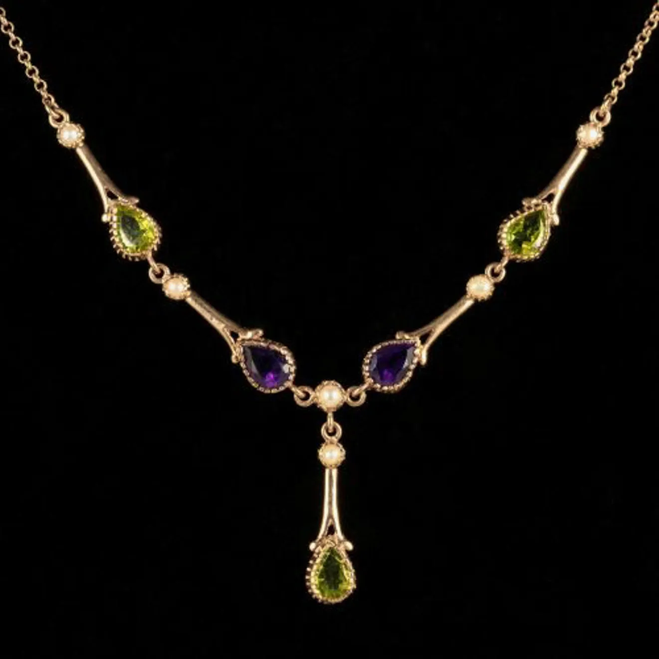 Suffragette Necklace Peridot Amethyst Pearl 9Ct Yellow Gold