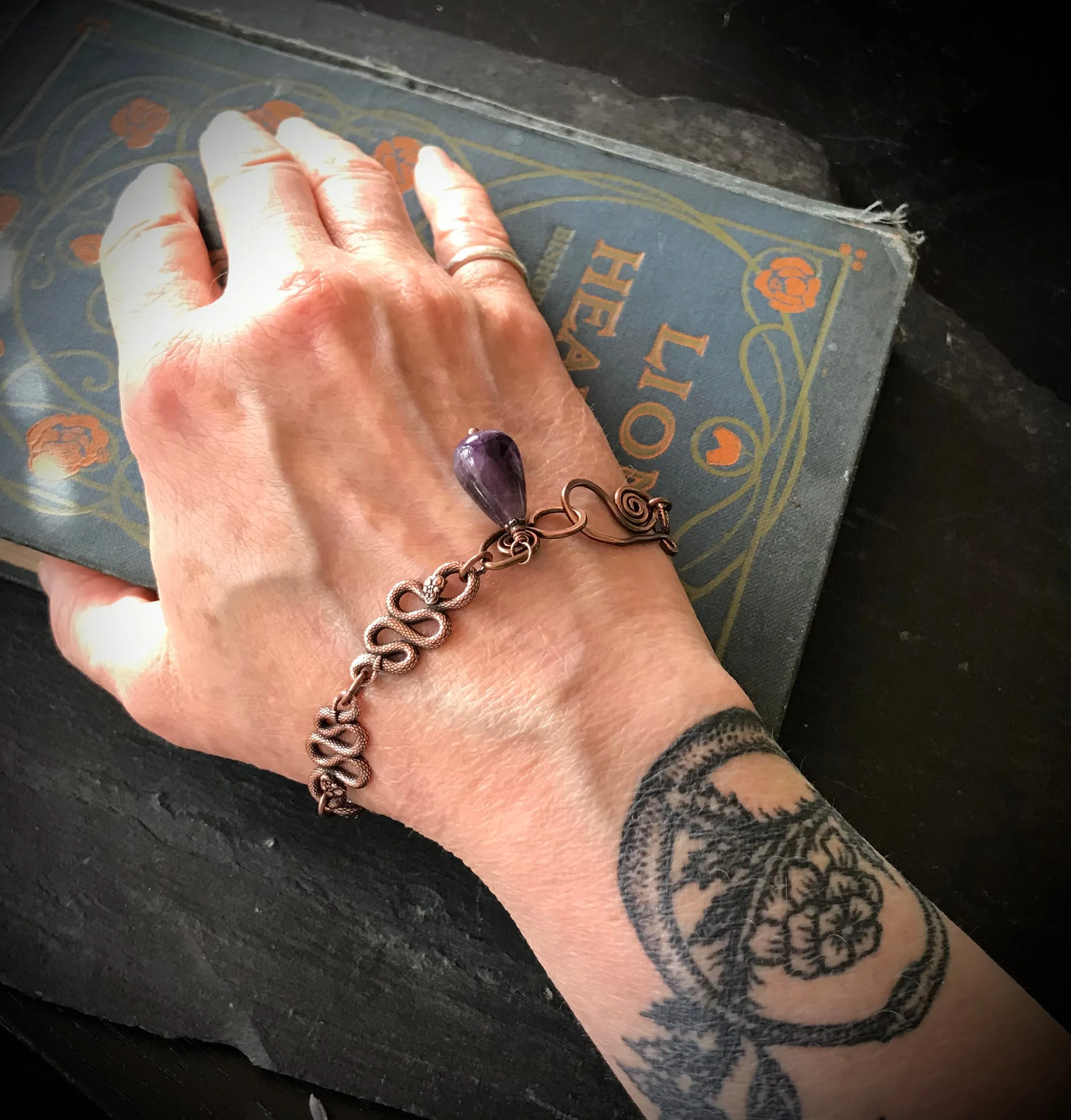 Tangle of Rattlesnakes Bracelet in Copper Plate with Amethyst.