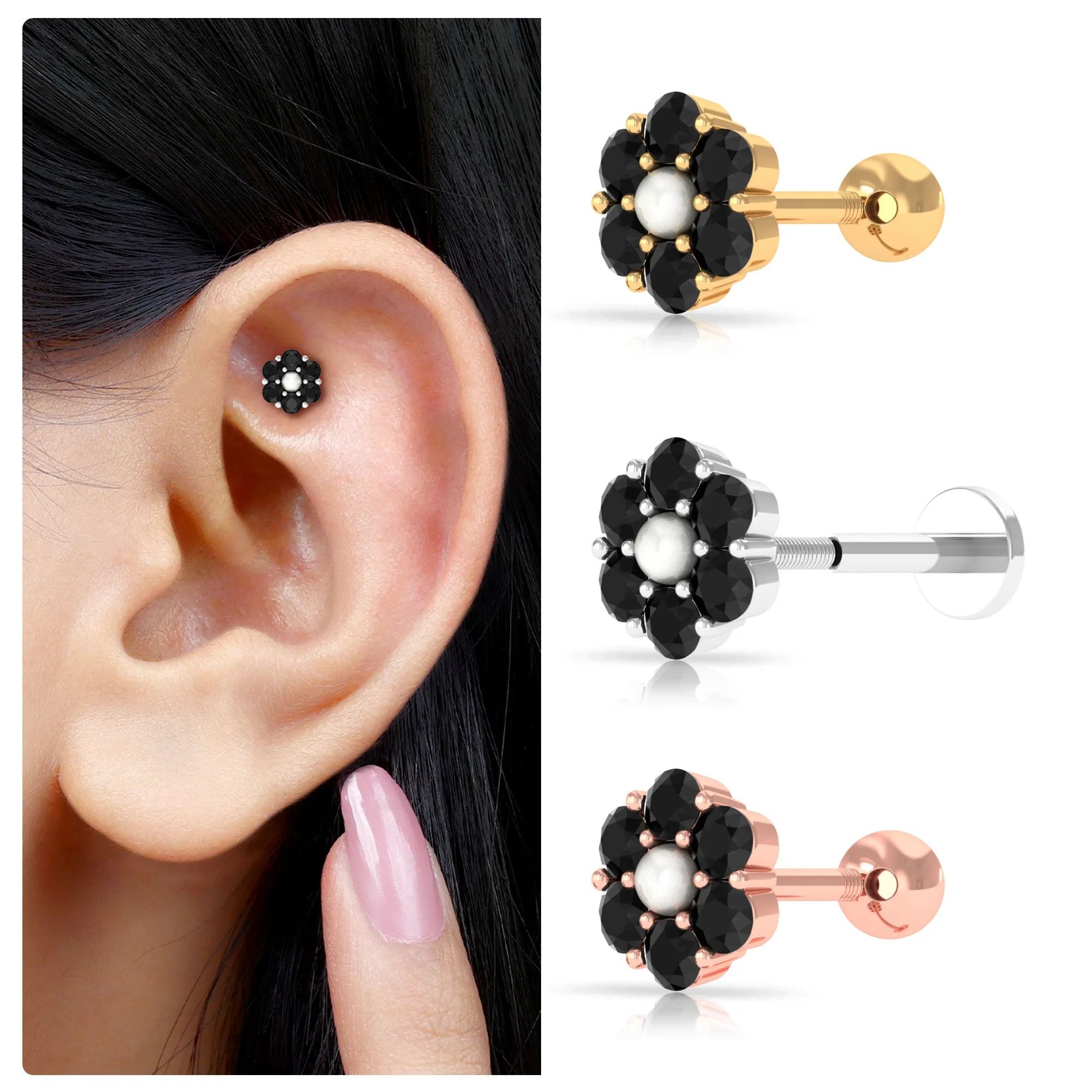 Tiny Black Onyx and Freshwater Pearl Flower Conch Earring