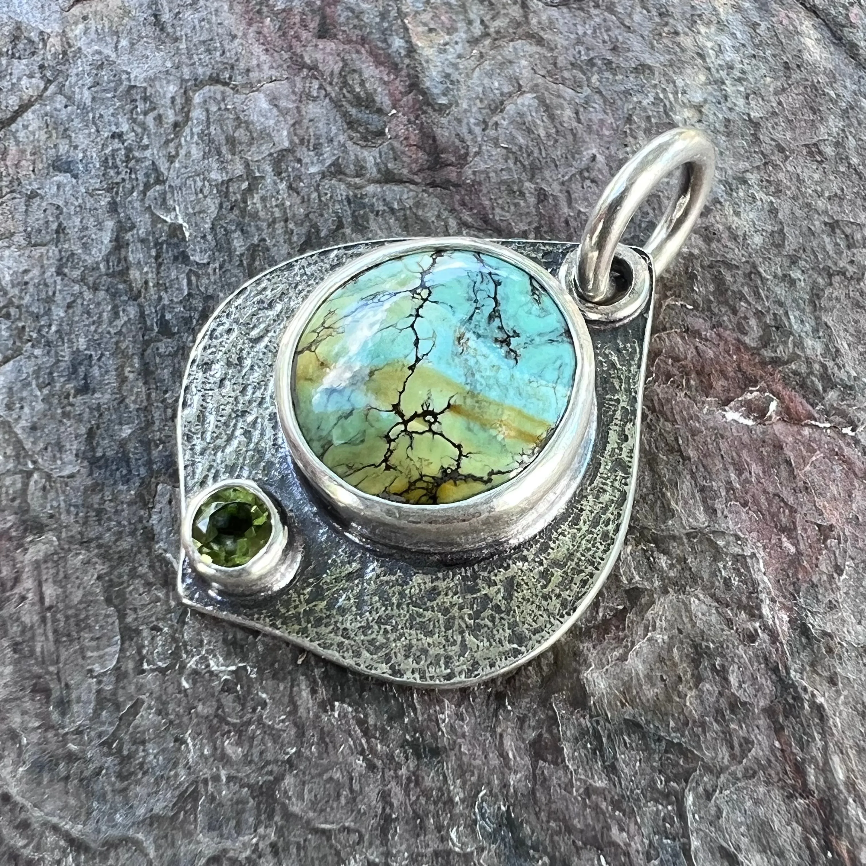 Turquoise and Peridot Sterling Silver Pendant - One-of-a-Kind Handmade Pendant