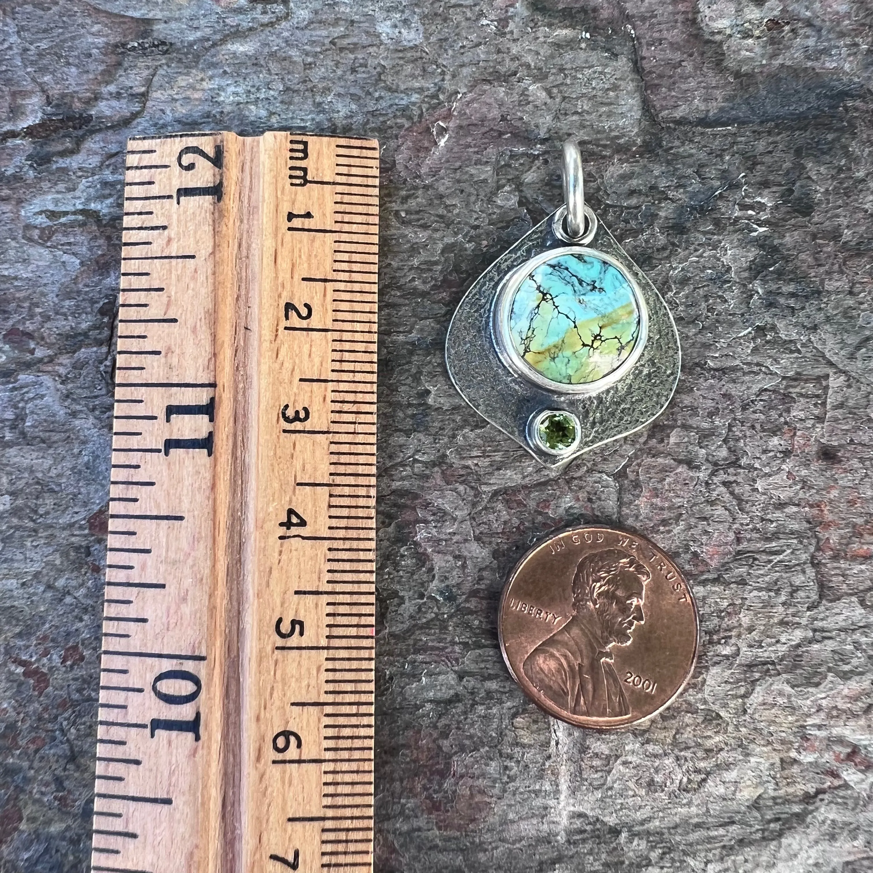 Turquoise and Peridot Sterling Silver Pendant - One-of-a-Kind Handmade Pendant