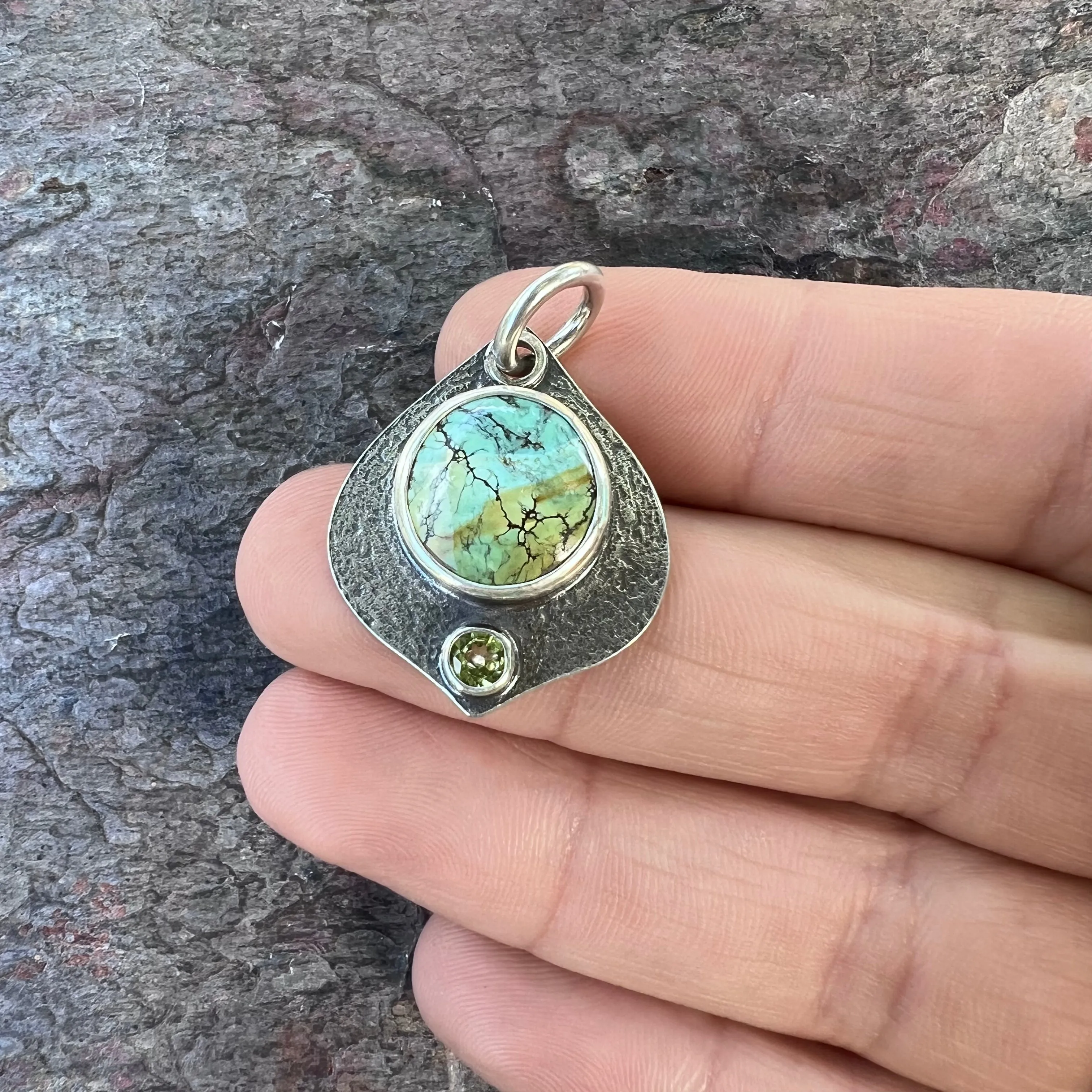 Turquoise and Peridot Sterling Silver Pendant - One-of-a-Kind Handmade Pendant