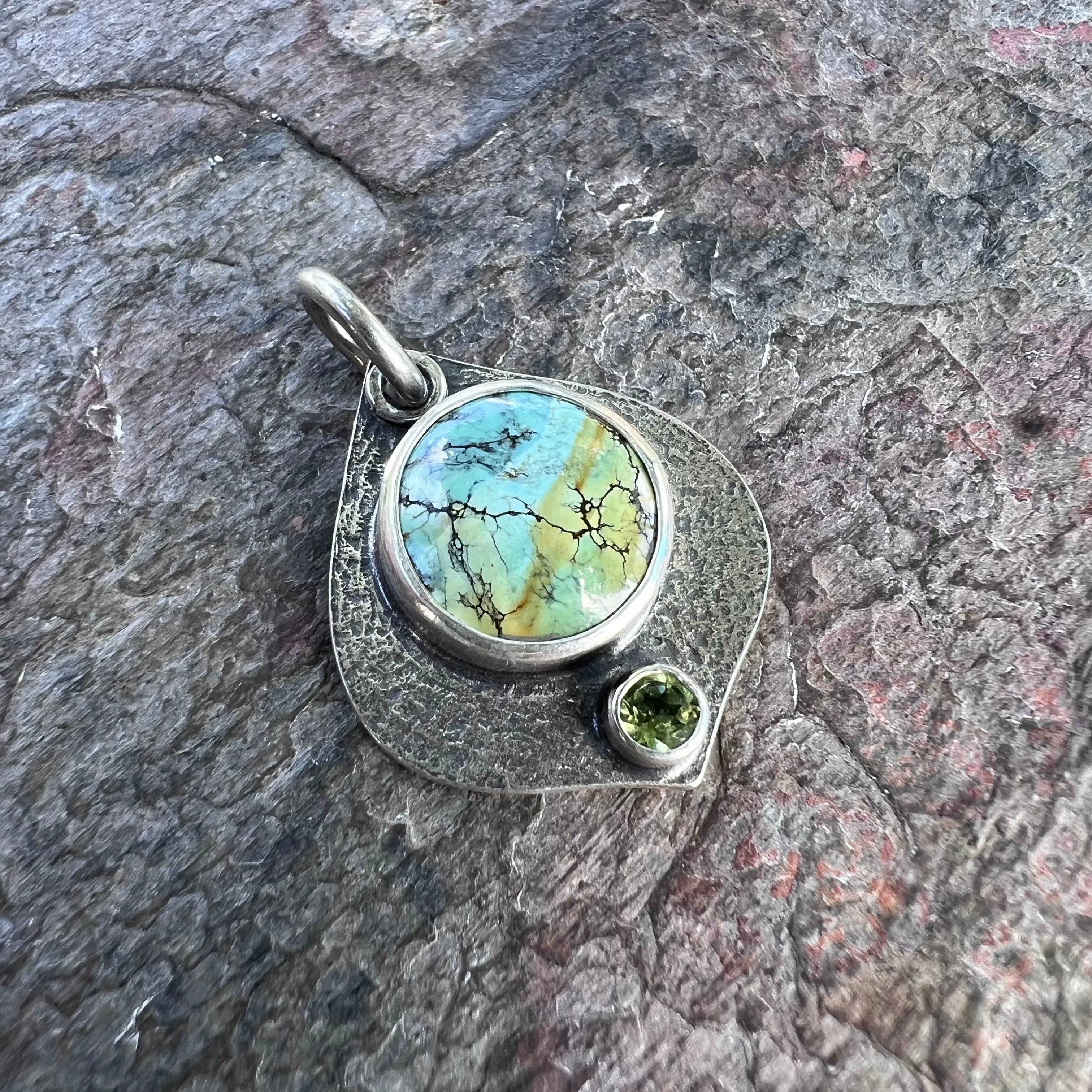 Turquoise and Peridot Sterling Silver Pendant - One-of-a-Kind Handmade Pendant