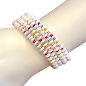 Vintage Glass Bead Memory Wire Bracelet - White, Red, Green, Yellow