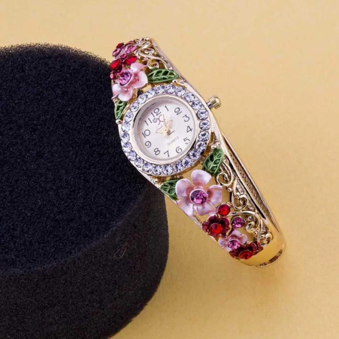 Yellow Chimes Watch Bracelet for Women Floral Design Multicolor Crystal Gold Plated Watch Kada Bracelet for Women and Girls.