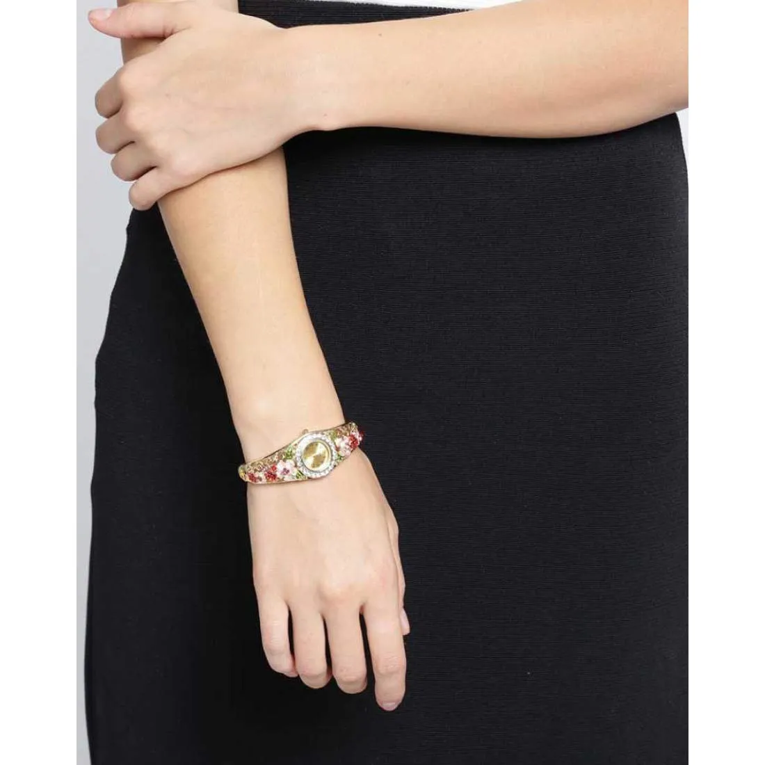 Yellow Chimes Watch Bracelet for Women Floral Design Multicolor Crystal Gold Plated Watch Kada Bracelet for Women and Girls.