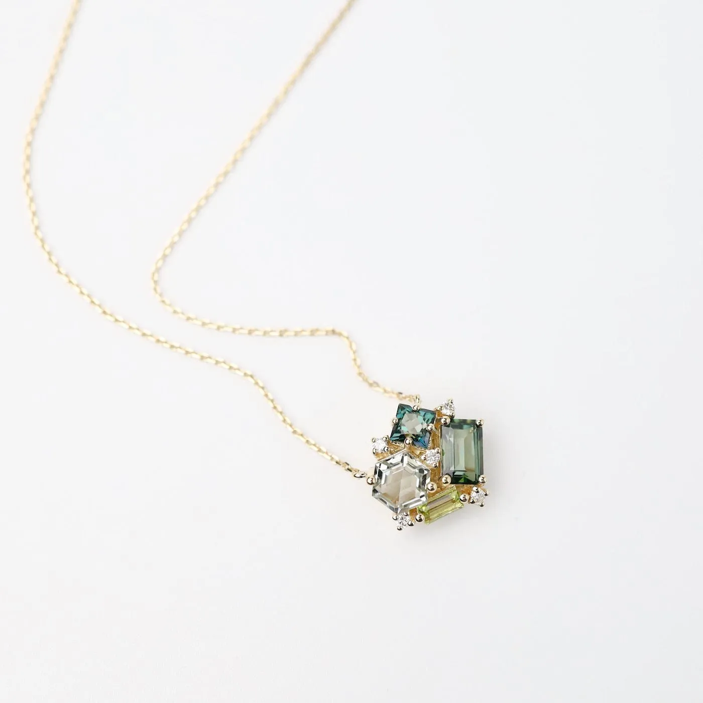 Yellow Gold Green Cluster Necklace