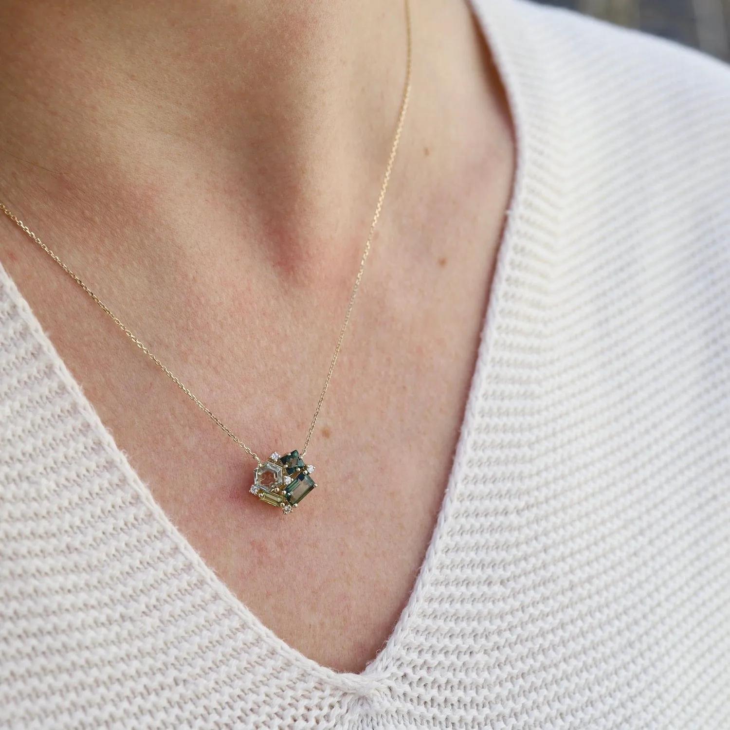 Yellow Gold Green Cluster Necklace